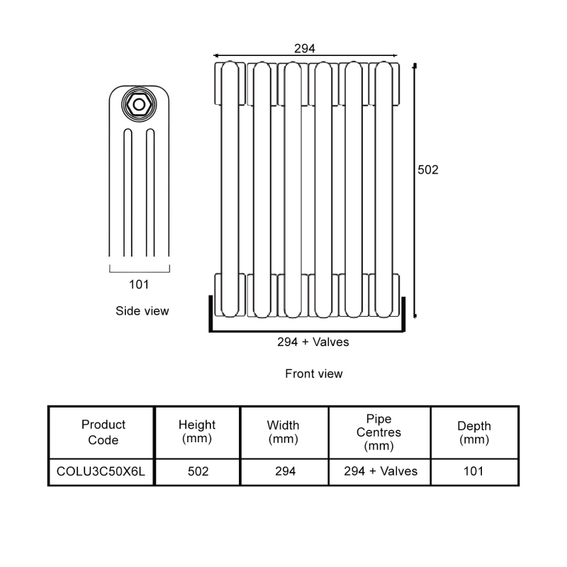 EcoRad Legacy Bare Metal Lacquer 3-Column Radiator 500mm High x 294mm Wide 6 Sections  | Dimension Image
