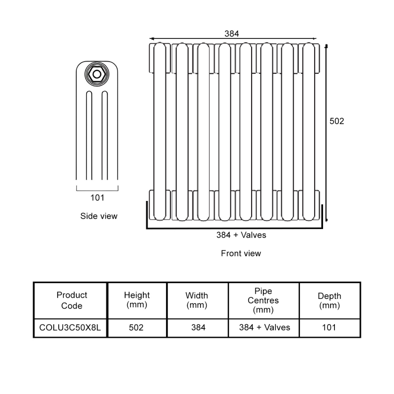 EcoRad Legacy Bare Metal Lacquer 3-Column Radiator 500mm High x 384mm Wide 8 Sections  | Dimension Image