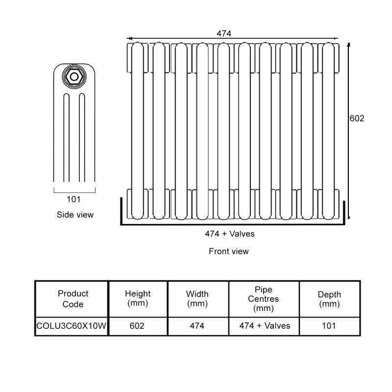 EcoRad Legacy White 3-Column Radiator 600mm High x 474mm Wide 10 Sections