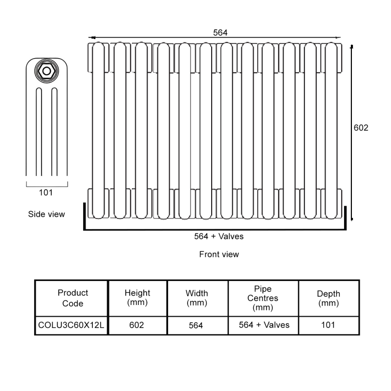 EcoRad Legacy Bare Metal Lacquer 3-Column Radiator 600mm High x 564mm Wide 12 Sections  | Dimension Image
