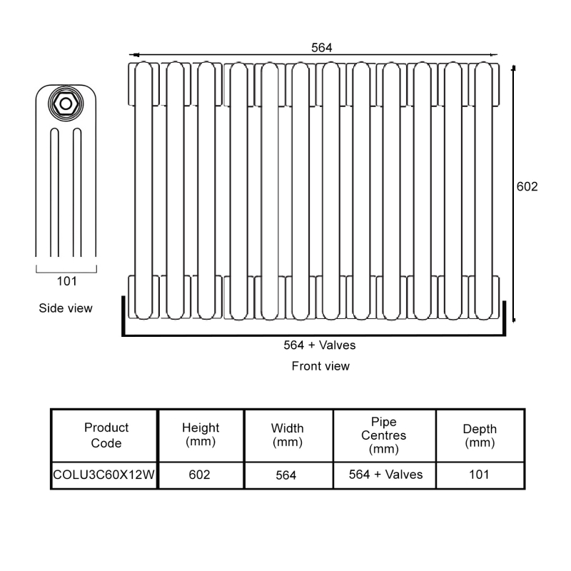 EcoRad Legacy White 3-Column Radiator 600mm High x 564mm Wide 12 Sections