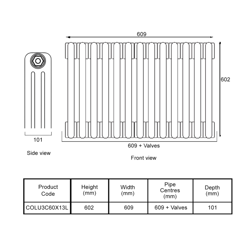EcoRad Legacy Bare Metal Lacquer 3-Column Radiator 600mm High x 609mm Wide 13 Sections