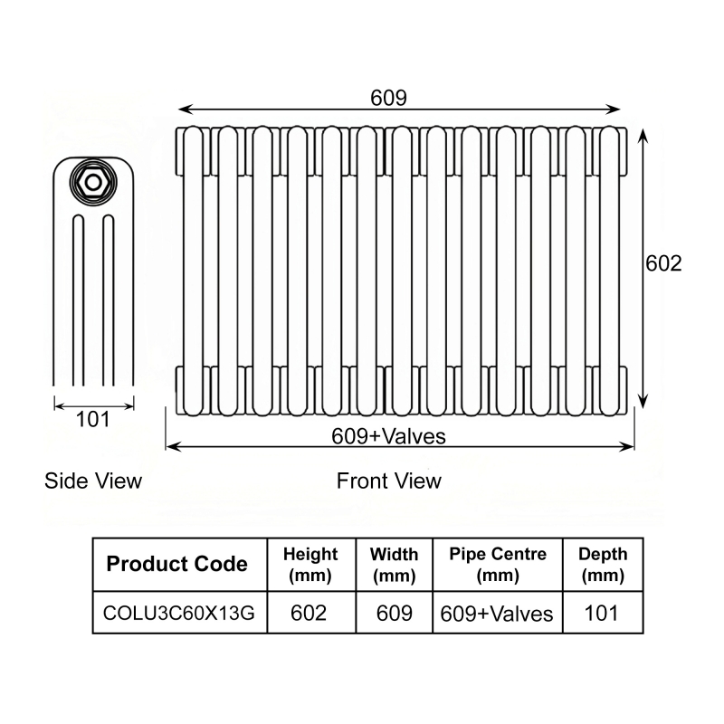 EcoRad Legacy Anthracite 3-Column Radiator 600mm High x 609mm Wide 13 Sections
