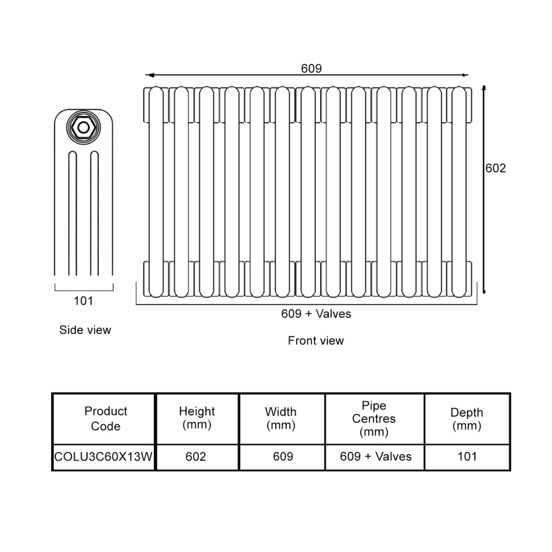 EcoRad Legacy White 3-Column Radiator 600mm High x 609mm Wide 13 Sections