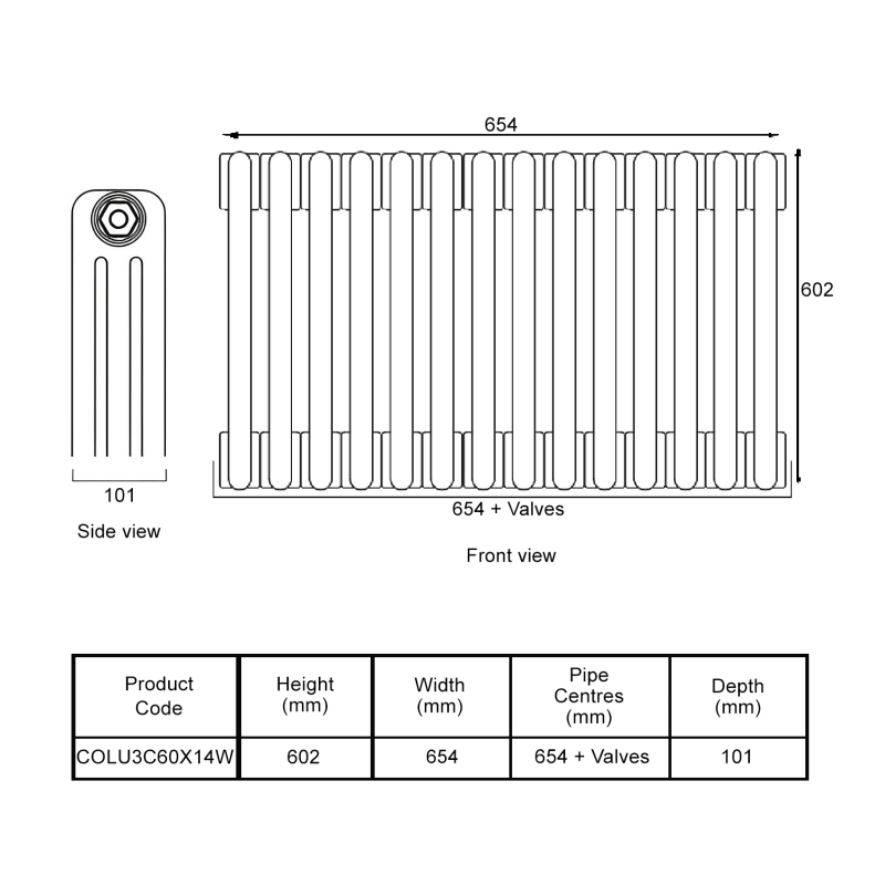 EcoRad Legacy White 3-Column Radiator 600mm High x 654mm Wide 14 Sections