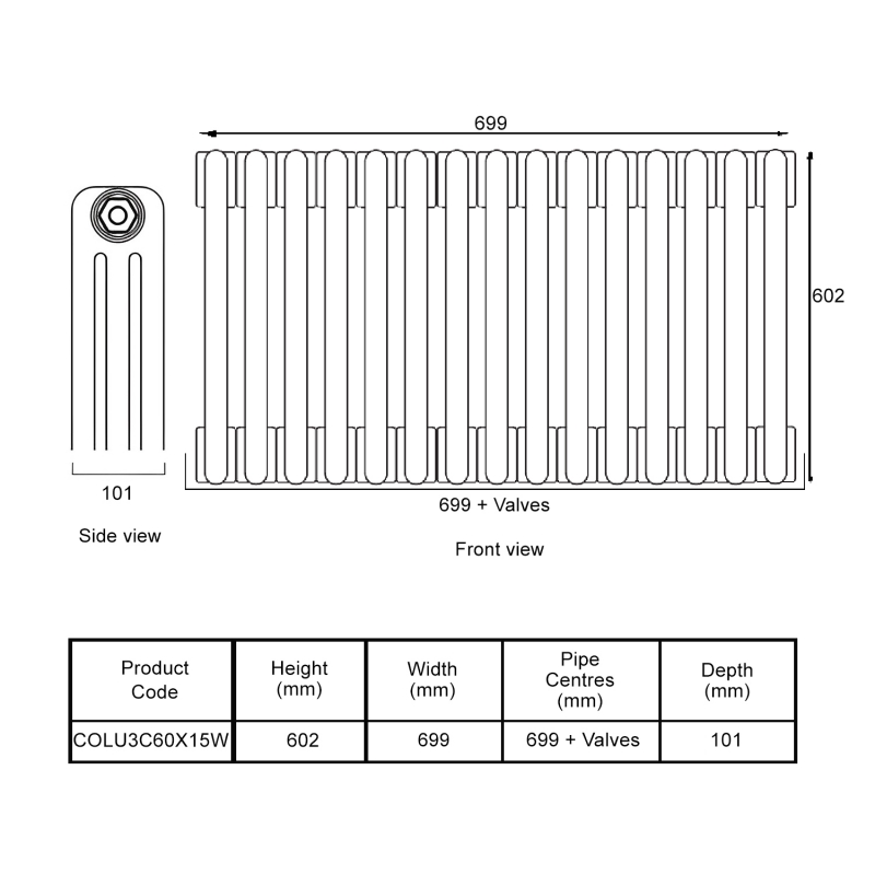 EcoRad Legacy White 3-Column Radiator 600mm High x 699mm Wide 15 Sections  | Dimension Image