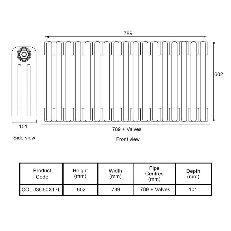 EcoRad Legacy Bare Metal Lacquer 3-Column Radiator 600mm High x 789mm Wide 17 Sections