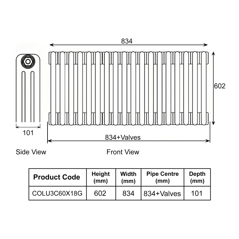 EcoRad Legacy Anthracite 3-Column Radiator 600mm High x 834mm Wide 18 Sections