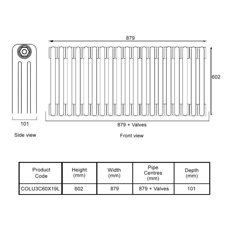 EcoRad Legacy Bare Metal Lacquer 3-Column Radiator 600mm High x 879mm Wide 19 Sections