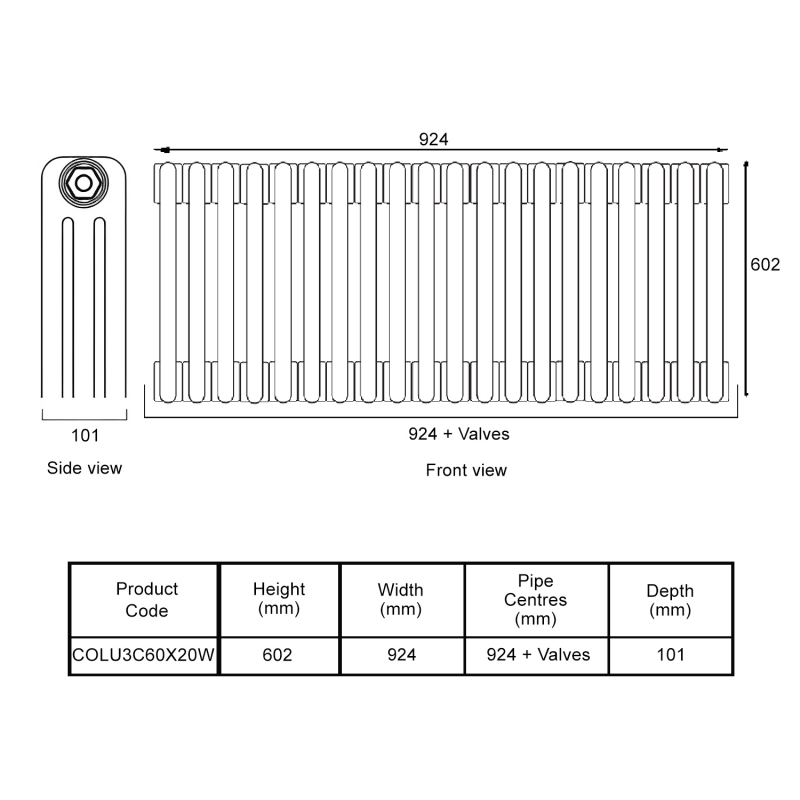 EcoRad Legacy White 3-Column Radiator 600mm High x 924mm Wide 20 Sections