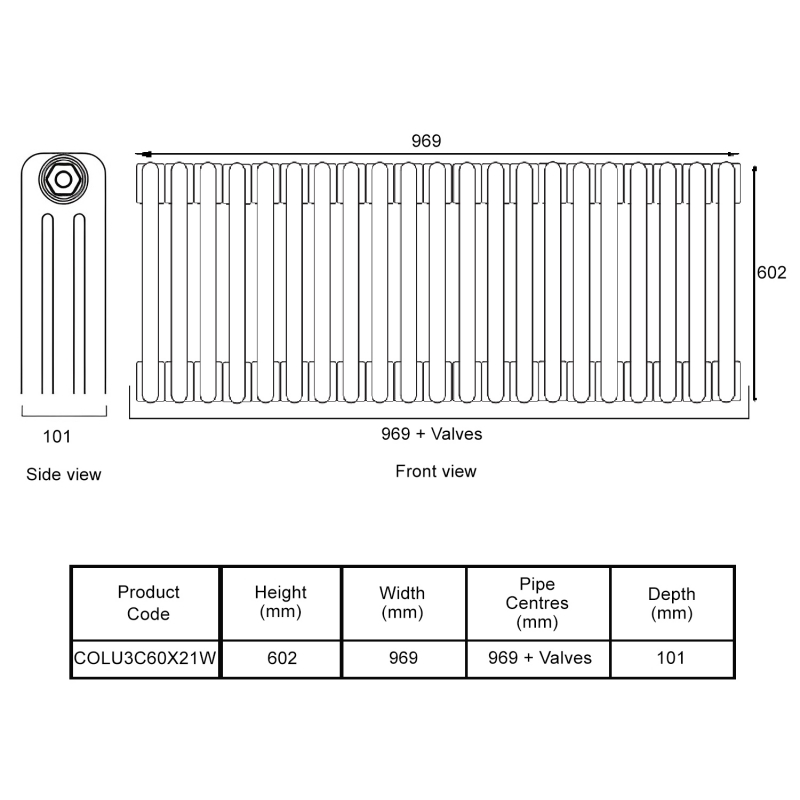 EcoRad Legacy White 3-Column Radiator 600mm High x 969mm Wide 21 Sections