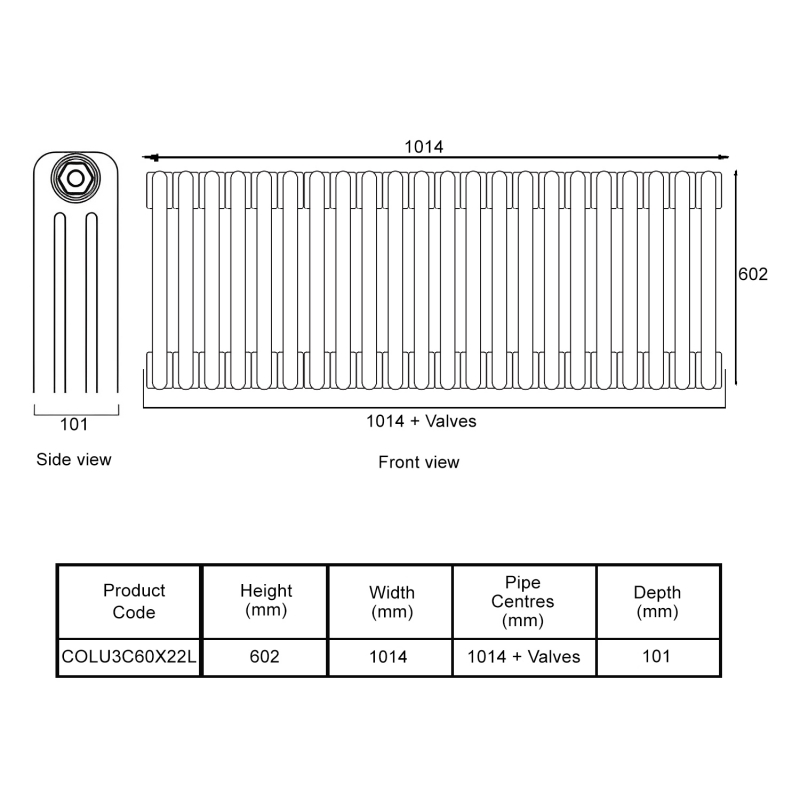 EcoRad Legacy Bare Metal Lacquer 3-Column Radiator 600mm High x 1014mm Wide 22 Sections