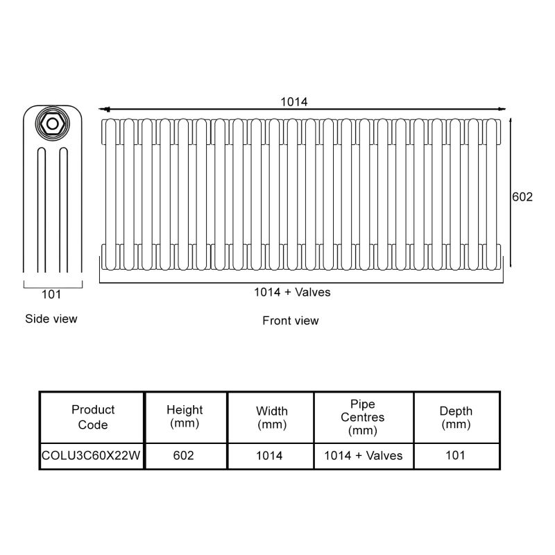 EcoRad Legacy White 3-Column Radiator 600mm High x 1014mm Wide 22 Sections