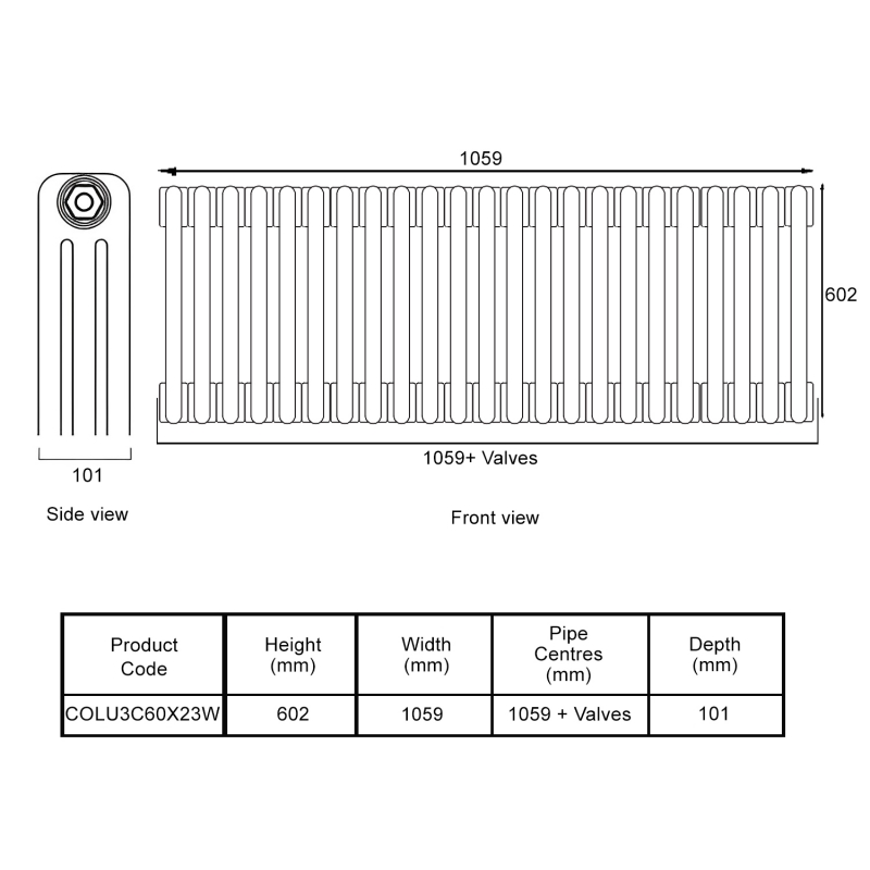 EcoRad Legacy White 3-Column Radiator 600mm High x 1059mm Wide 23 Sections  | Dimension Image