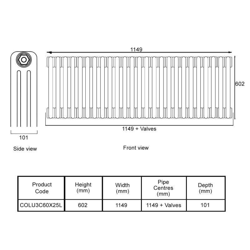 EcoRad Legacy Bare Metal Lacquer 3-Column Radiator 600mm High x 1149mm Wide 25 Sections