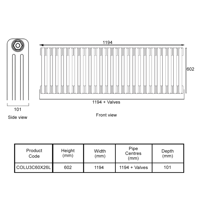 EcoRad Legacy Bare Metal Lacquer 3-Column Radiator 600mm High x 1194mm Wide 26 Sections