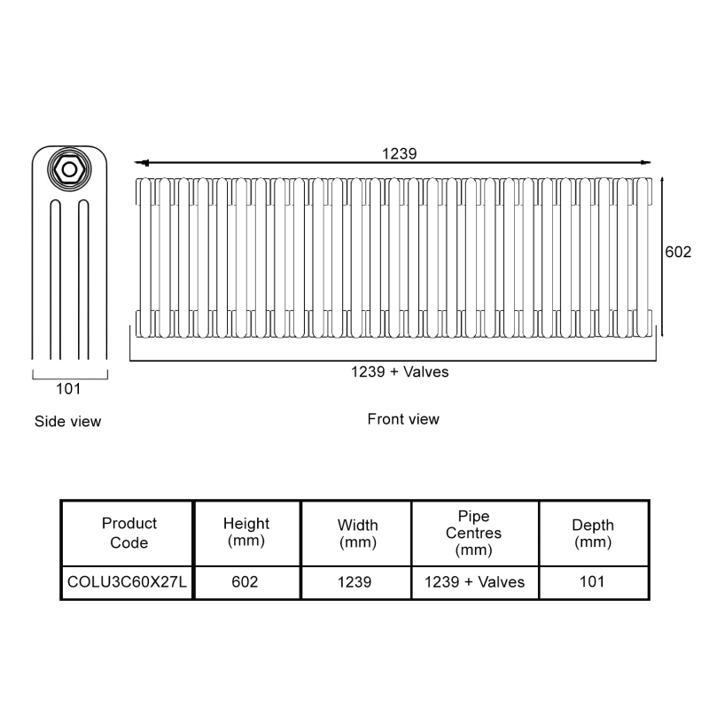 EcoRad Legacy Bare Metal Lacquer 3-Column Radiator 600mm High x 1239mm Wide 27 Sections