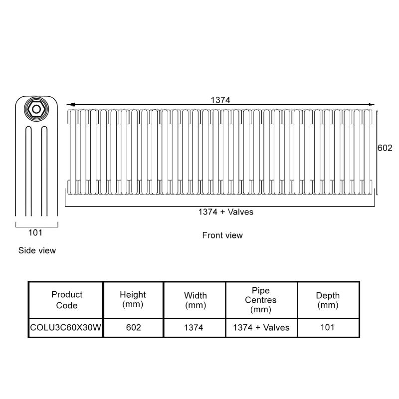 EcoRad Legacy White 3-Column Radiator 600mm High x 1374mm Wide 30 Sections