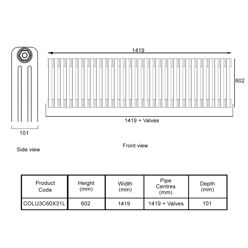 EcoRad Legacy Bare Metal Lacquer 3-Column Radiator 600mm High x 1419mm Wide 31 Sections