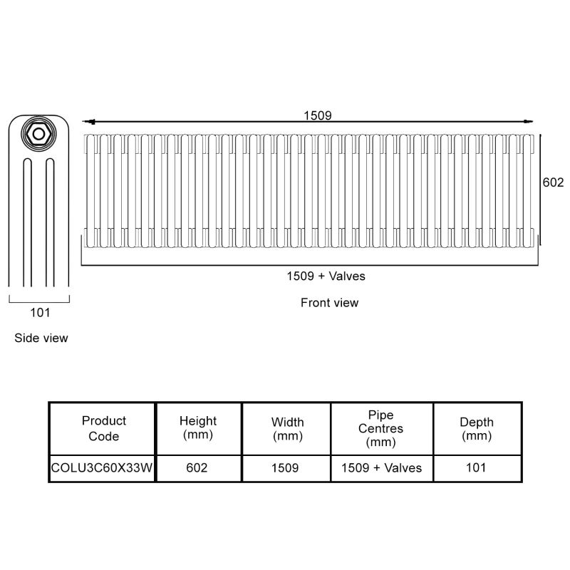 EcoRad Legacy White 3-Column Radiator 600mm High x 1509mm Wide 33 Sections