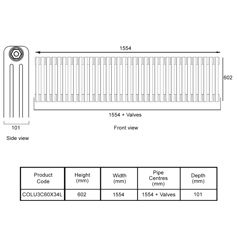 EcoRad Legacy Bare Metal Lacquer 3-Column Radiator 600mm High x 1554mm Wide 34 Sections