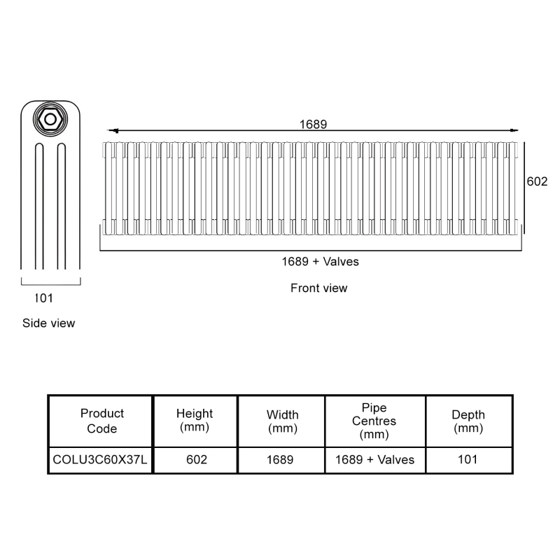 EcoRad Legacy Bare Metal Lacquer 3-Column Radiator 600mm High x 1689mm Wide 37 Sections