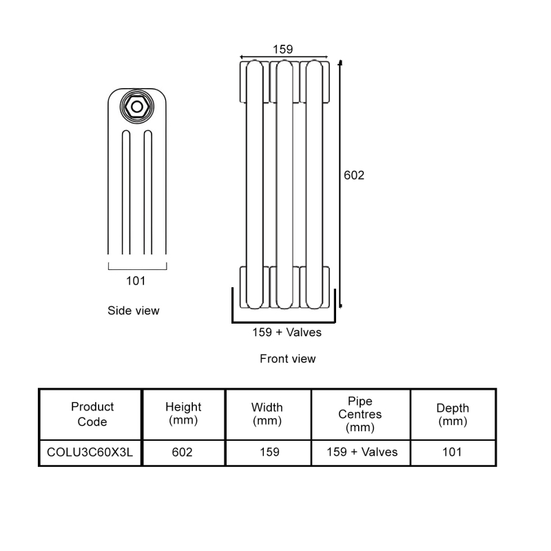 EcoRad Legacy Bare Metal Lacquer 3-Column Radiator 600mm High x 159mm Wide 3 Sections
