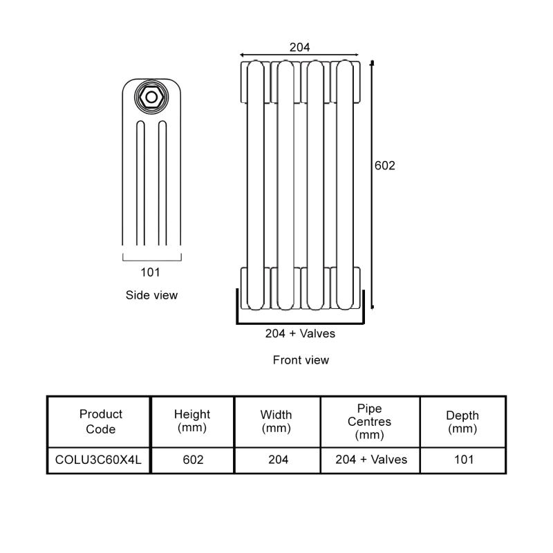 EcoRad Legacy Bare Metal Lacquer 3-Column Radiator 600mm High x 204mm Wide 4 Sections