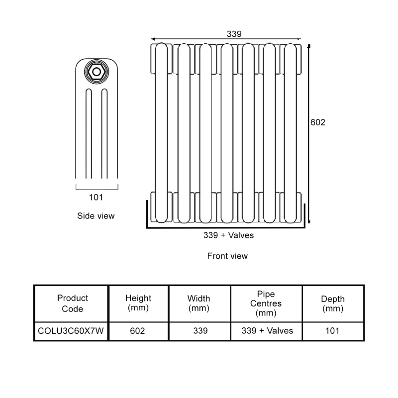 EcoRad Legacy White 3-Column Radiator 600mm High x 339mm Wide 7 Sections  | Dimension Image
