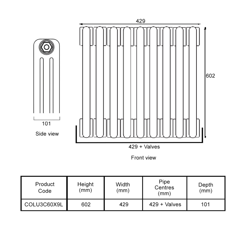EcoRad Legacy Bare Metal Lacquer 3-Column Radiator 600mm High x 429mm Wide 9 Sections  | Dimension Image