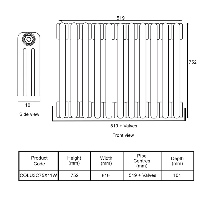 EcoRad Legacy White 3-Column Radiator 752mm High x 519mm Wide 11 Sections