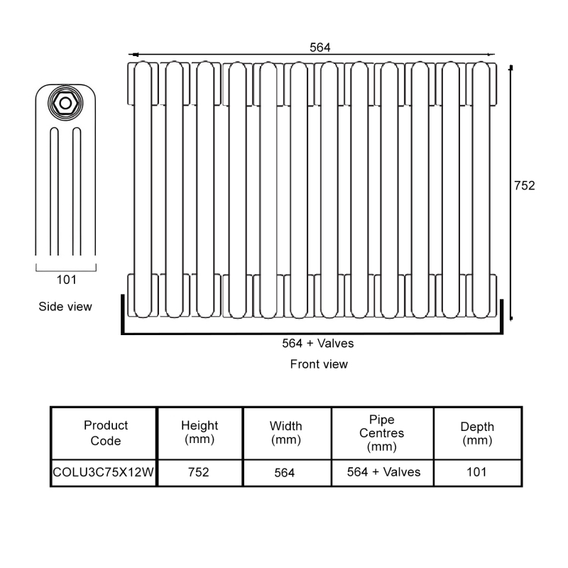 EcoRad Legacy White 3-Column Radiator 752mm High x 564mm Wide 12 Sections