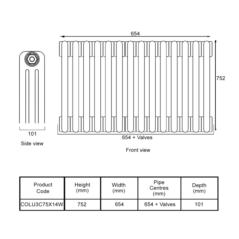 EcoRad Legacy White 3-Column Radiator 752mm High x 654mm Wide 14 Sections