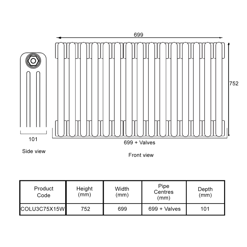 EcoRad Legacy White 3-Column Radiator 752mm High x 699mm Wide 15 Sections