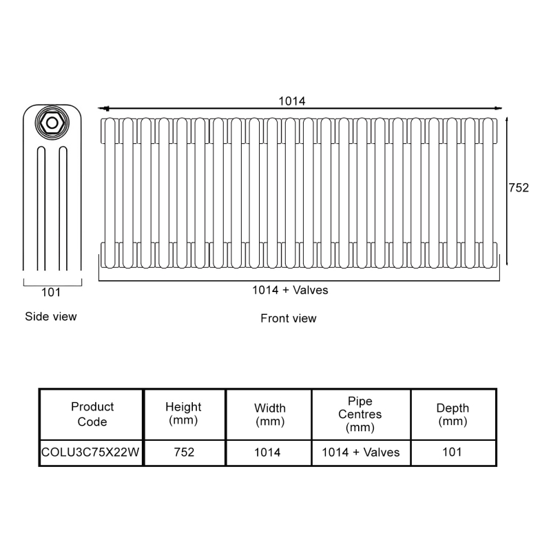 EcoRad Legacy White 3-Column Radiator 752mm High x 1014mm Wide 22 Sections