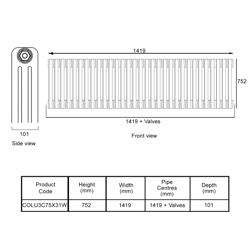 EcoRad Legacy White 3-Column Radiator 752mm High x 1419mm Wide 31 Sections