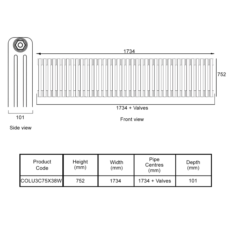 EcoRad Legacy White 3-Column Radiator 752mm High x 1734mm Wide 38 Sections