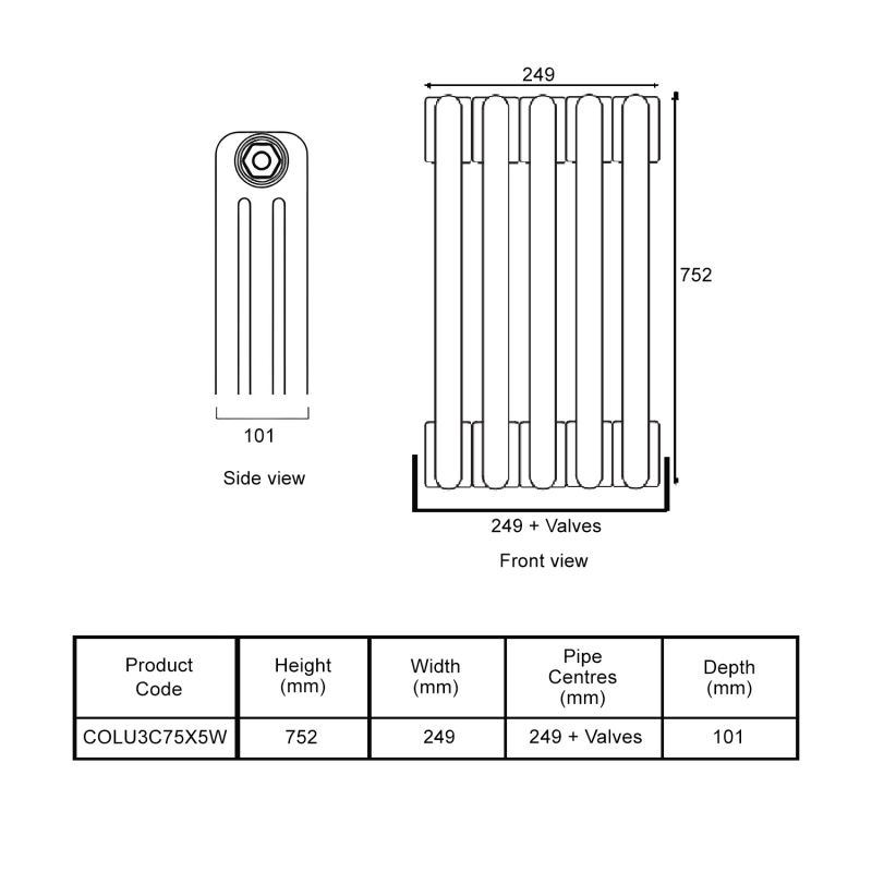EcoRad Legacy White 3-Column Radiator 752mm High x 249mm Wide 5 Sections