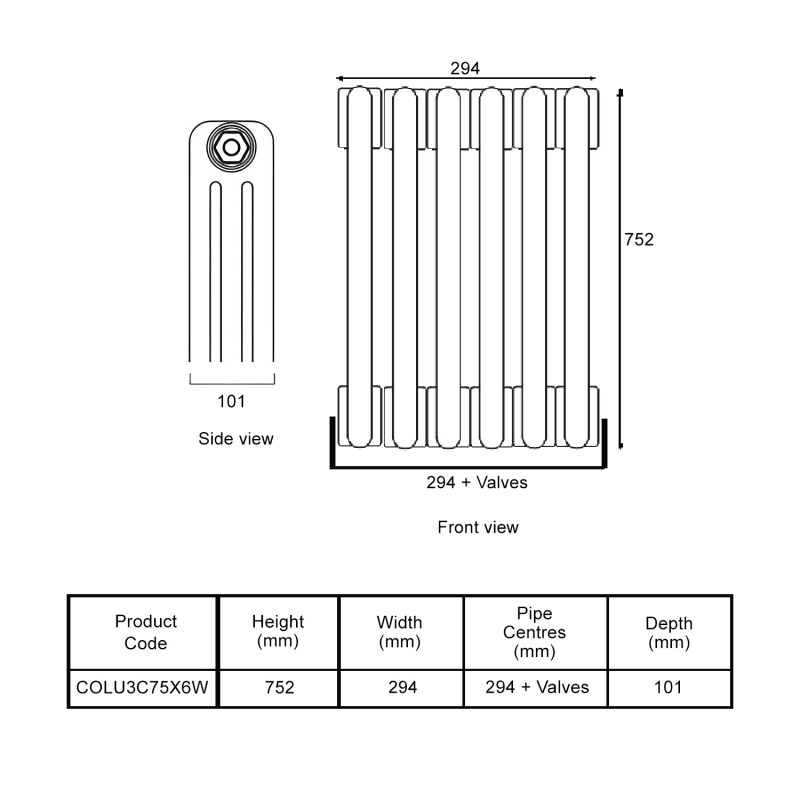 EcoRad Legacy White 3-Column Radiator 752mm High x 294mm Wide 6 Sections  | Dimension Image