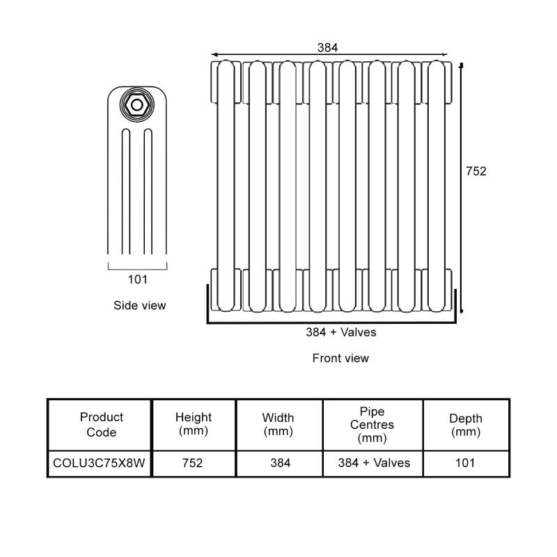 EcoRad Legacy White 3-Column Radiator 752mm High x 384mm Wide 8 Sections