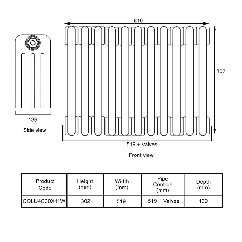 EcoRad Legacy White 4-Column Radiator 300mm High x 519mm Wide 11 Sections