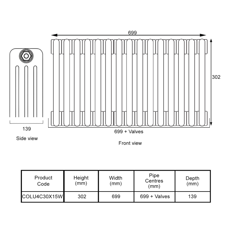 EcoRad Legacy White 4-Column Radiator 300mm High x 699mm Wide 15 Sections  | Dimension Image