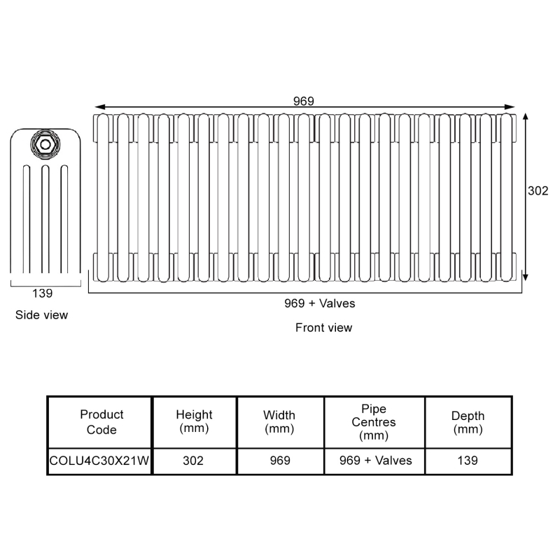 EcoRad Legacy White 4-Column Radiator 300mm High x 969mm Wide 21 Sections
