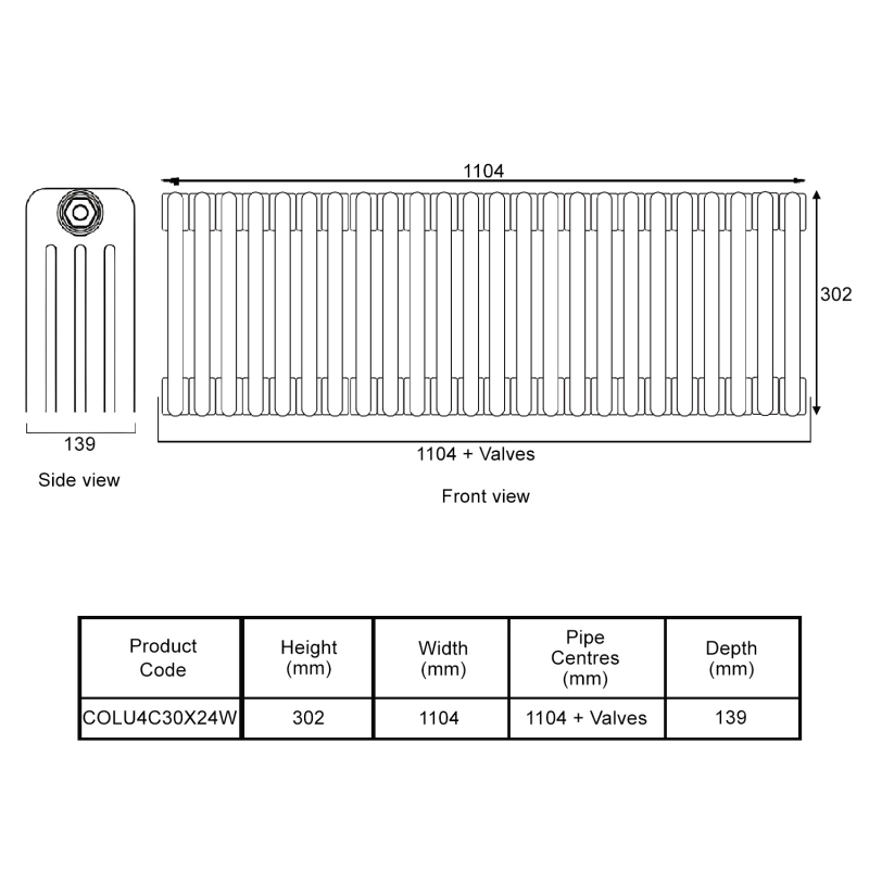 EcoRad Legacy White 4-Column Radiator 300mm High x 1104mm Wide 24 Sections