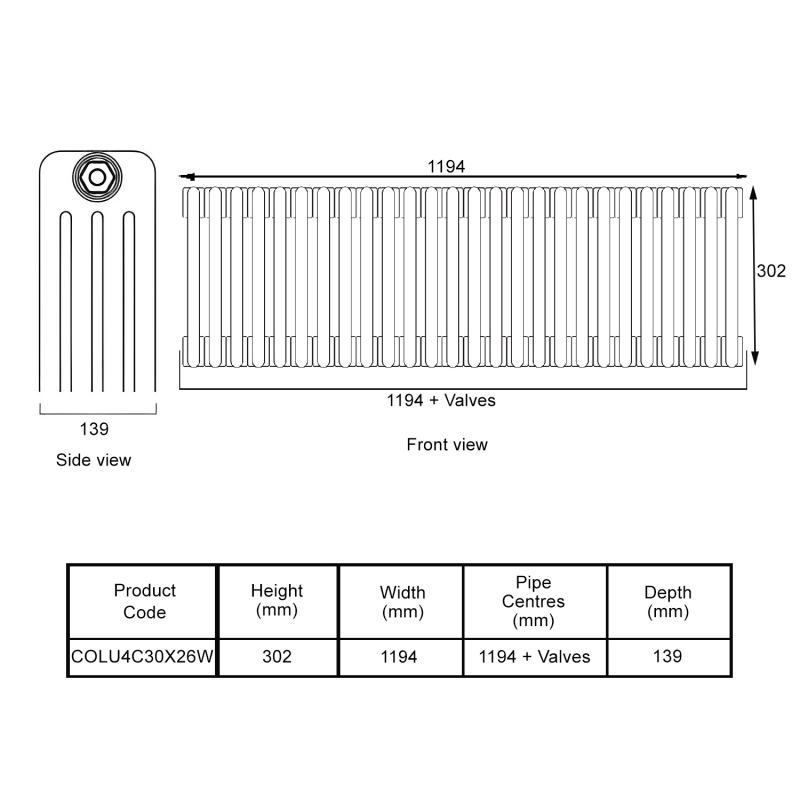 EcoRad Legacy White 4-Column Radiator 300mm High x 1194mm Wide 26 Sections