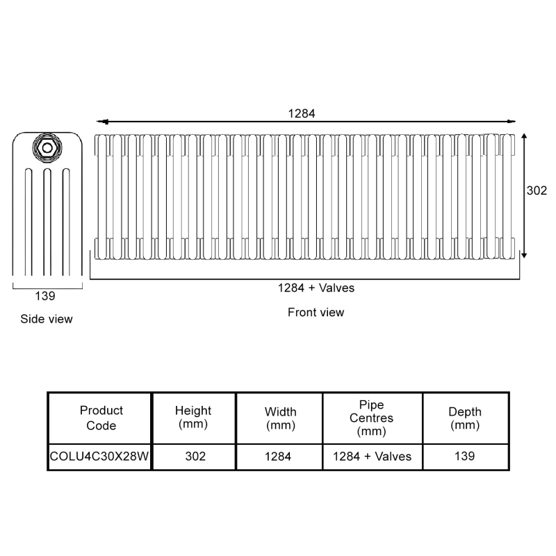 EcoRad Legacy White 4-Column Radiator 300mm High x 1284mm Wide 28 Sections