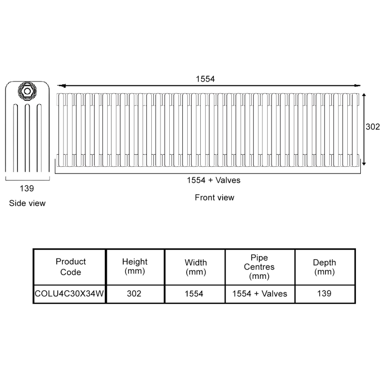 EcoRad Legacy White 4-Column Radiator 300mm High x 1554mm Wide 34 Sections