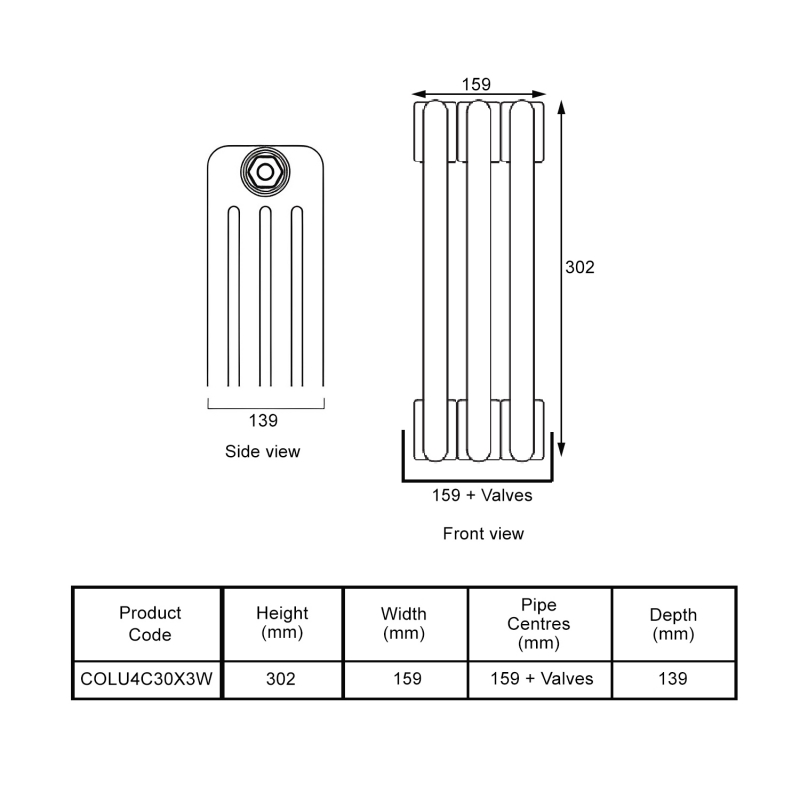 EcoRad Legacy White 4-Column Radiator 300mm High x 159mm Wide 3 Sections