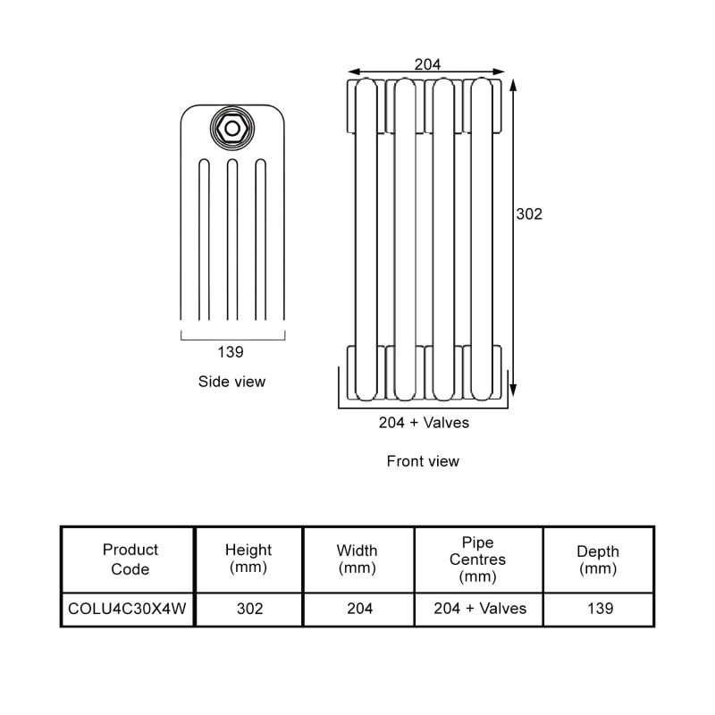EcoRad Legacy White 4-Column Radiator 300mm High x 204mm Wide 4 Sections