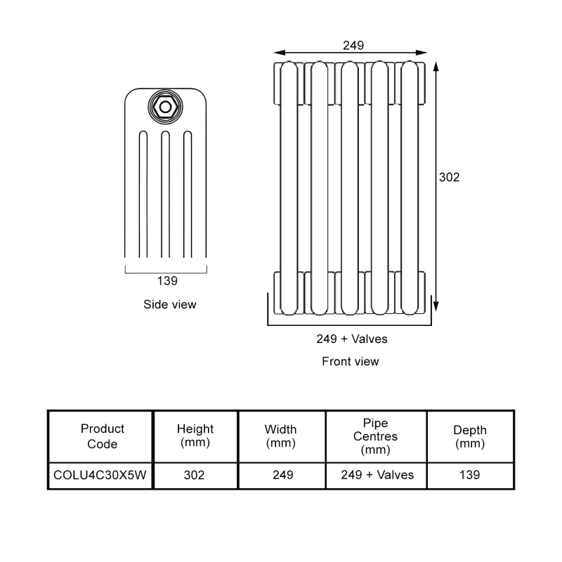 EcoRad Legacy White 4-Column Radiator 300mm High x 249mm Wide 5 Sections  | Dimension Image